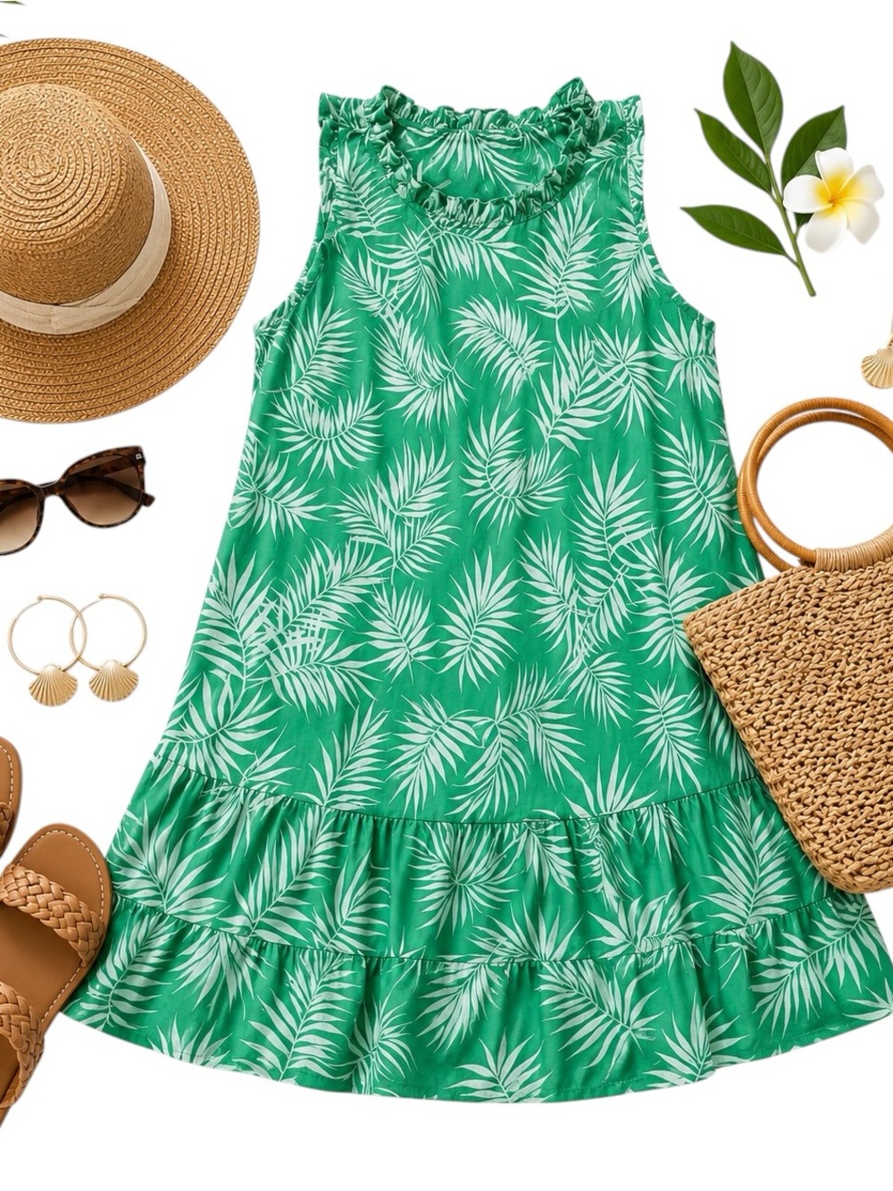 Maia Tropical Palm Leaf Cotton Ruffle Dress Women Size 18 Lined Summer Green EUC